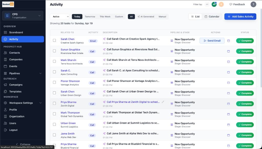 Activity tracking list with tasks and follow-ups
